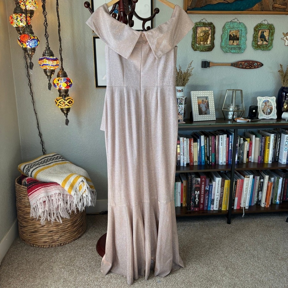 Betsy & Adam Shimmer Off Shoulder Evening Gown Champagne Formal Ruffle Dress - Picture 3 of 11